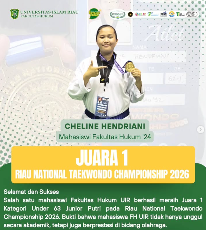 Cheline Hendriani mahasiswi Fakultas Hukum UIR Juara 1 Taekwondo Championship 2026