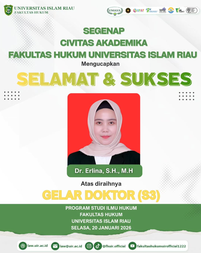 Dr. Erlina, S.H., M.H Raih Gelar Doktor S3 Fakultas Hukum Universitas Islam Riau