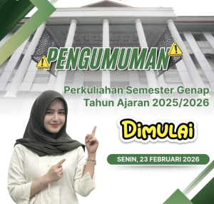 Gedung Fakultas Hukum UIR tampak depan dengan spanduk pengumuman perkuliahan semester genap