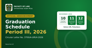 Banner for the Period III 2026 graduation ceremony schedule at Universitas Islam Riau, 10–12 November 2026 at Gelora UIR